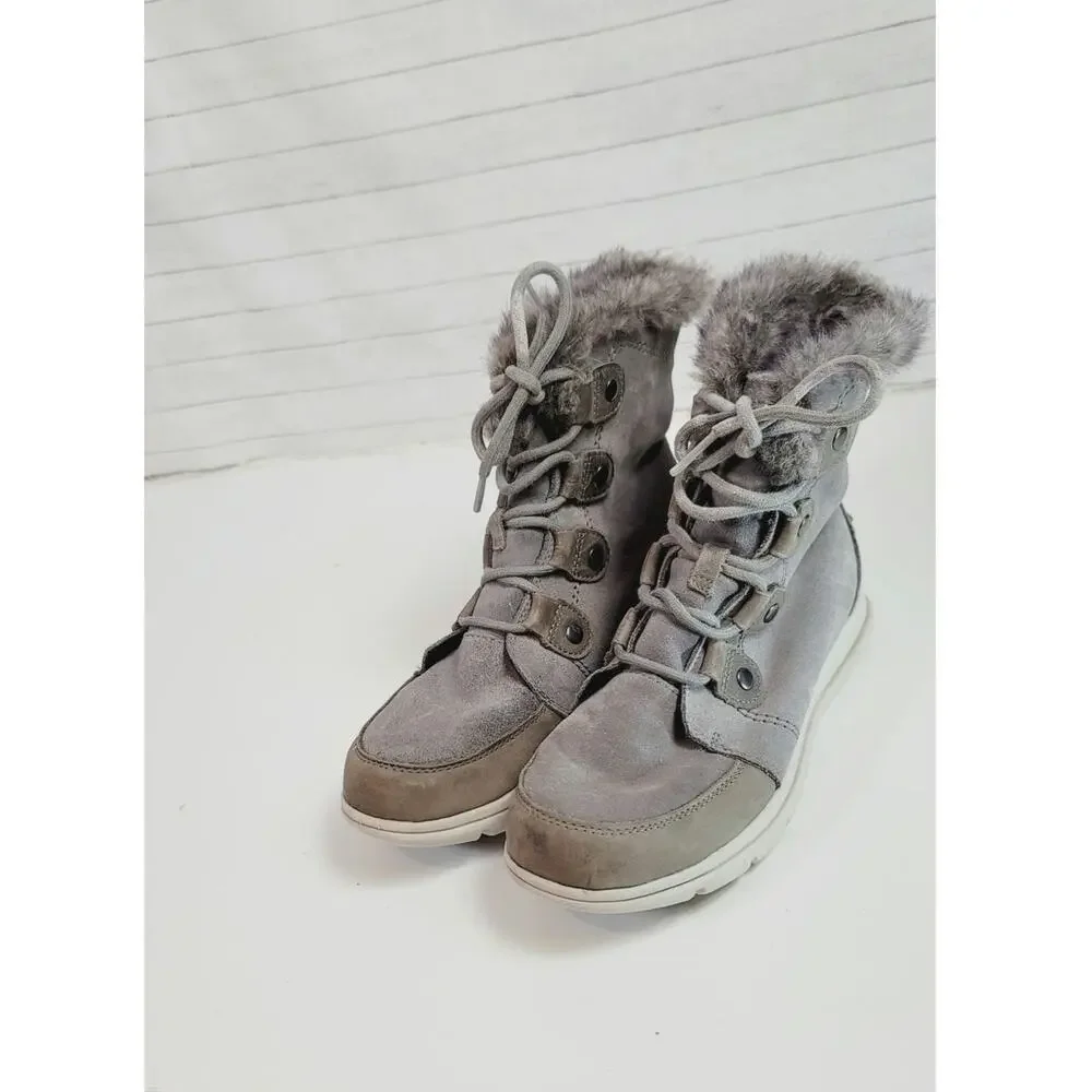 Sorel Explorer Joan Suede Waterproof Winter Boots in Quarry, sz 8.5